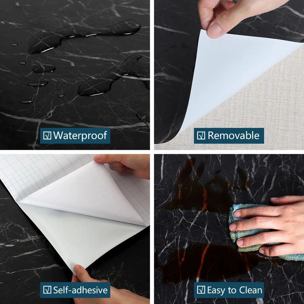 60CMx2M Self Adhesive Black Marble Sheet for Kitchen-Anti Oil and Heat Resistant Wallpaper (2PCS)