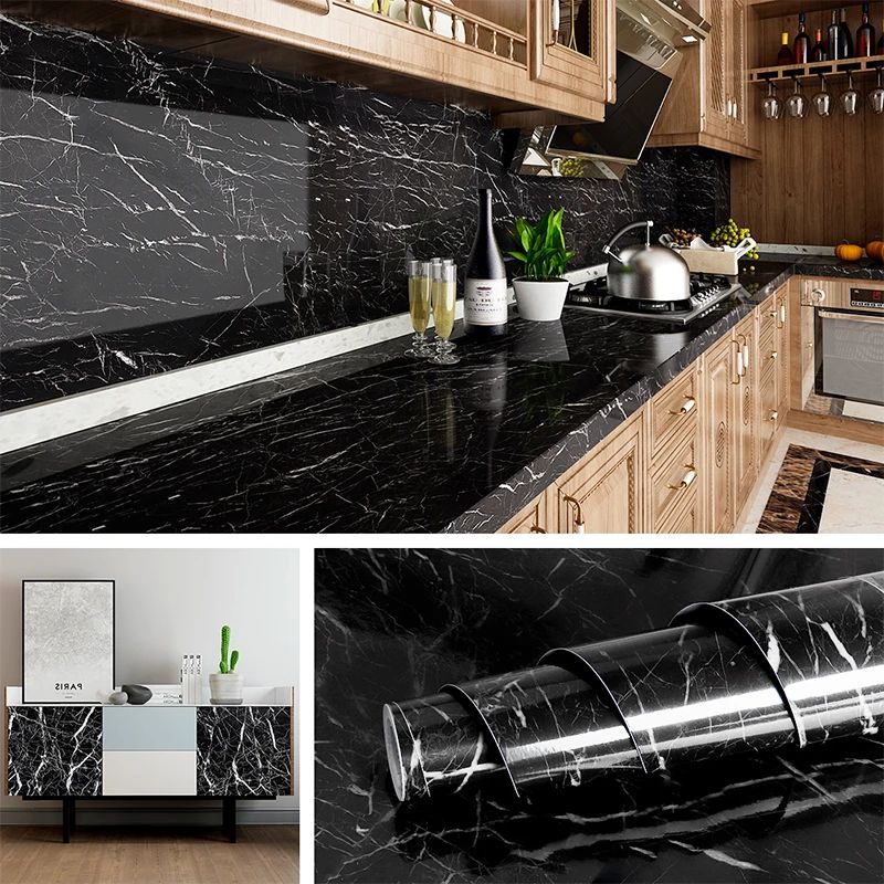 60CMx2M Self Adhesive Black Marble Sheet for Kitchen-Anti Oil and Heat Resistant Wallpaper (2PCS)