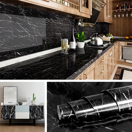60CMx2M Self Adhesive Black Marble Sheet for Kitchen-Anti Oil and Heat Resistant Wallpaper (2PCS)